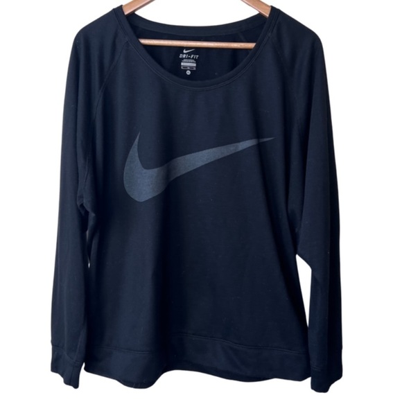 Nike Dri-fit Black Crewneck Sweatshirt Grey Logo Athleisure Pullover Soft Top - Picture 3 of 16